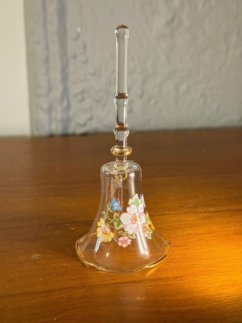 Clear Glass Dinner Hand Bell With Pink White Flowers Gold trim 5 in tall
